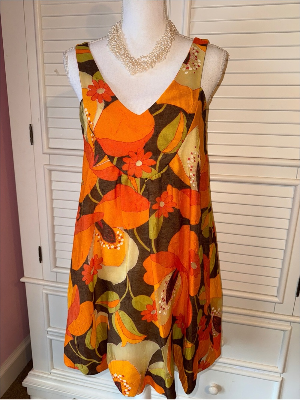 Glam Retro Floral Shift Dress Orange Brown Mod Sleeveless Size M